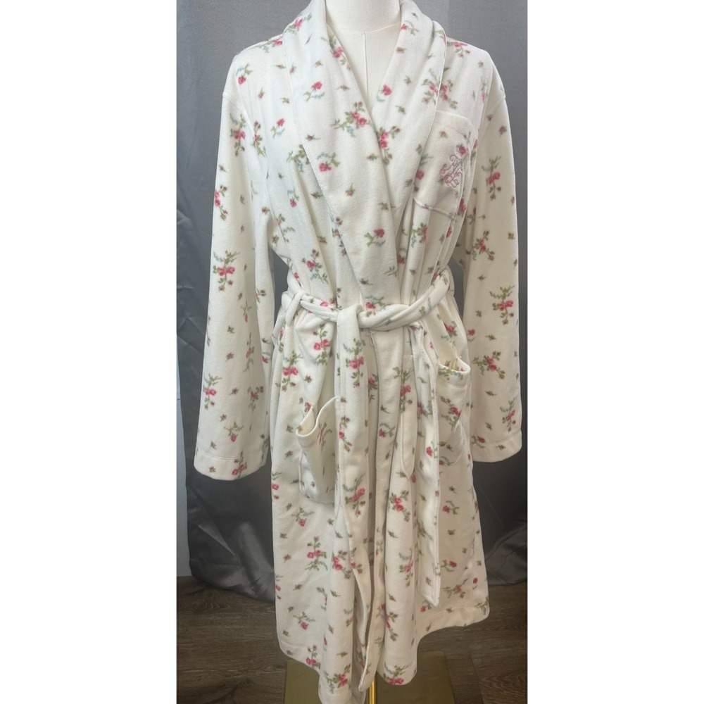 Lauren Ralph Lauren Fleece Embroidered Crest Long Bath Robe Women's XL Floral
